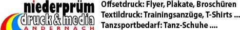 1 Offset- u. Textildruck u. besticken - Abishirts drucken, Niederprüm - Tanzsportbedarf - Vereinsbedarf - Pokale